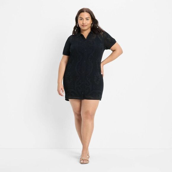 Future Collective - Women's Short Sleeve Mesh Button-Up Mini Sweater D Black - Picture 1 of 3